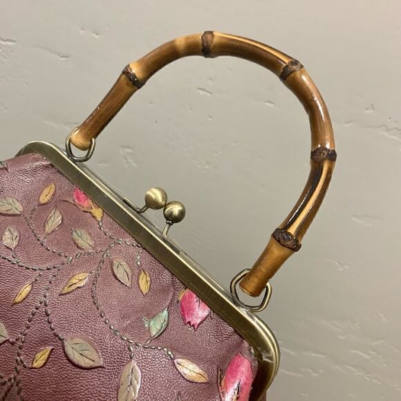 Handmade Genuine Leather Floral Embossed Real bamboo Handle Satchel/Crossbody - Picture 12 of 15